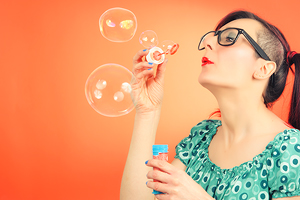 Francy - Pretty Lady Blowing Colorful Bubbles - Girl Portrait